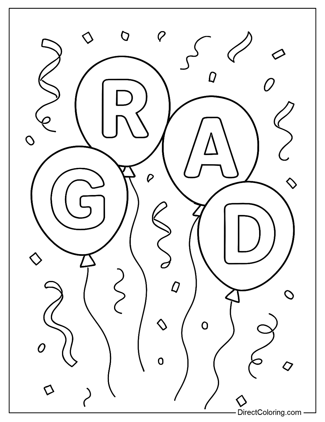 a coloring page with balloons with the word “GRAD”, surrounded by ribbons and gently falling confetti
